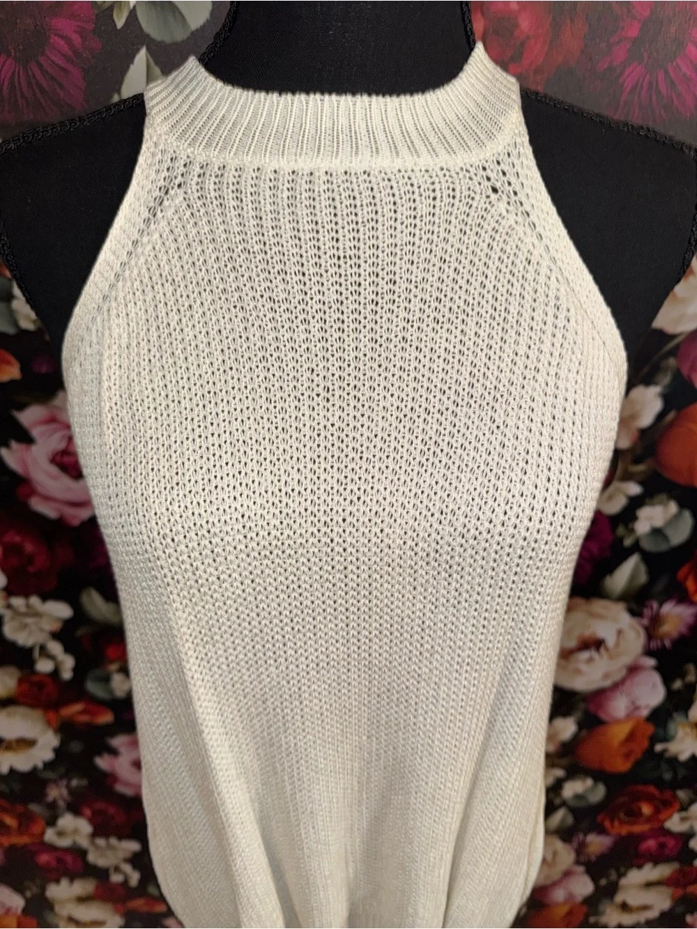 Lulu's Cream Knit Crochet Halter Swim Coverup with tie-up sides, M